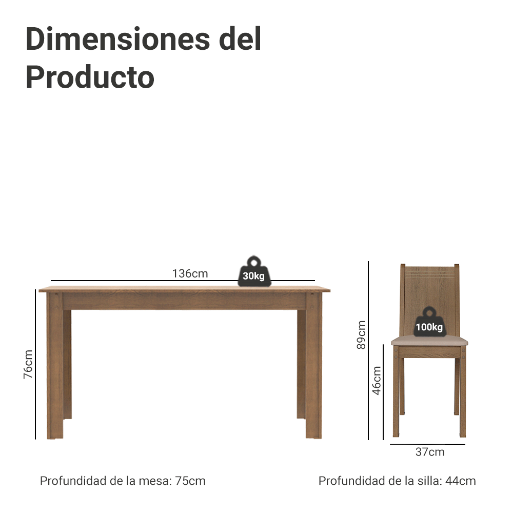 Juego de Comedor Mesa con encimera de Madera con 4 Sillas Marrón/Beige Rosie