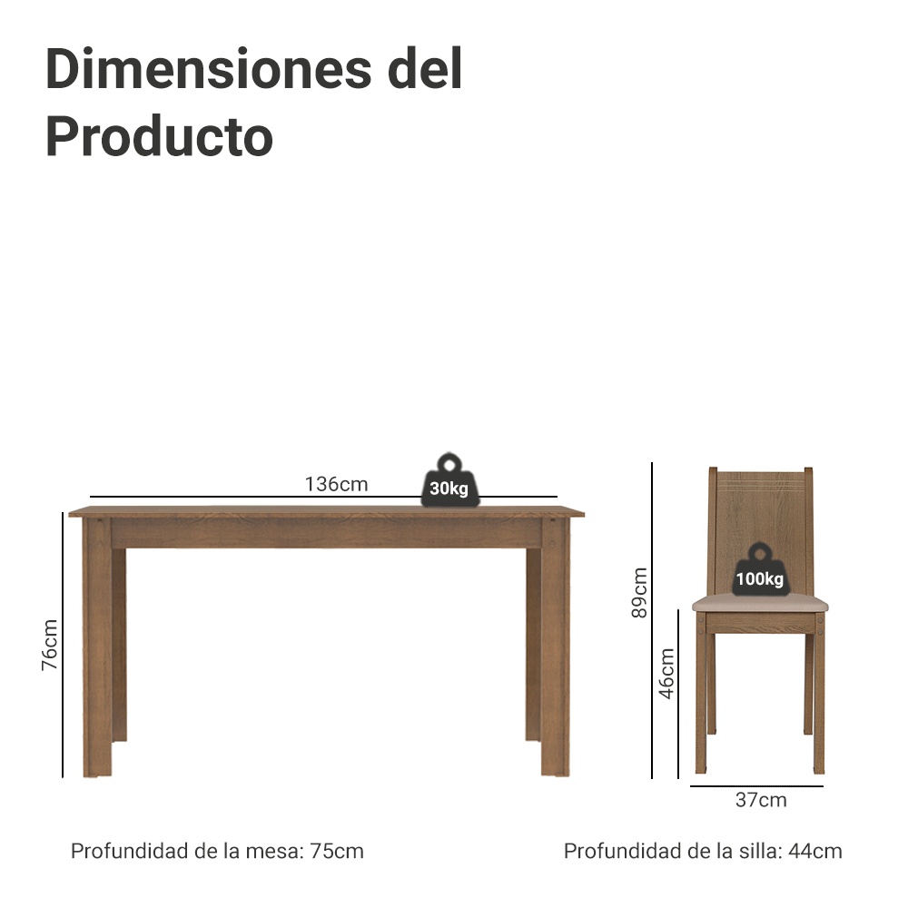 Juego de Comedor con Mesa de Madera y 6 Sillas Marrón con Tapizado en Tela Sintética Beige Madesa Maris