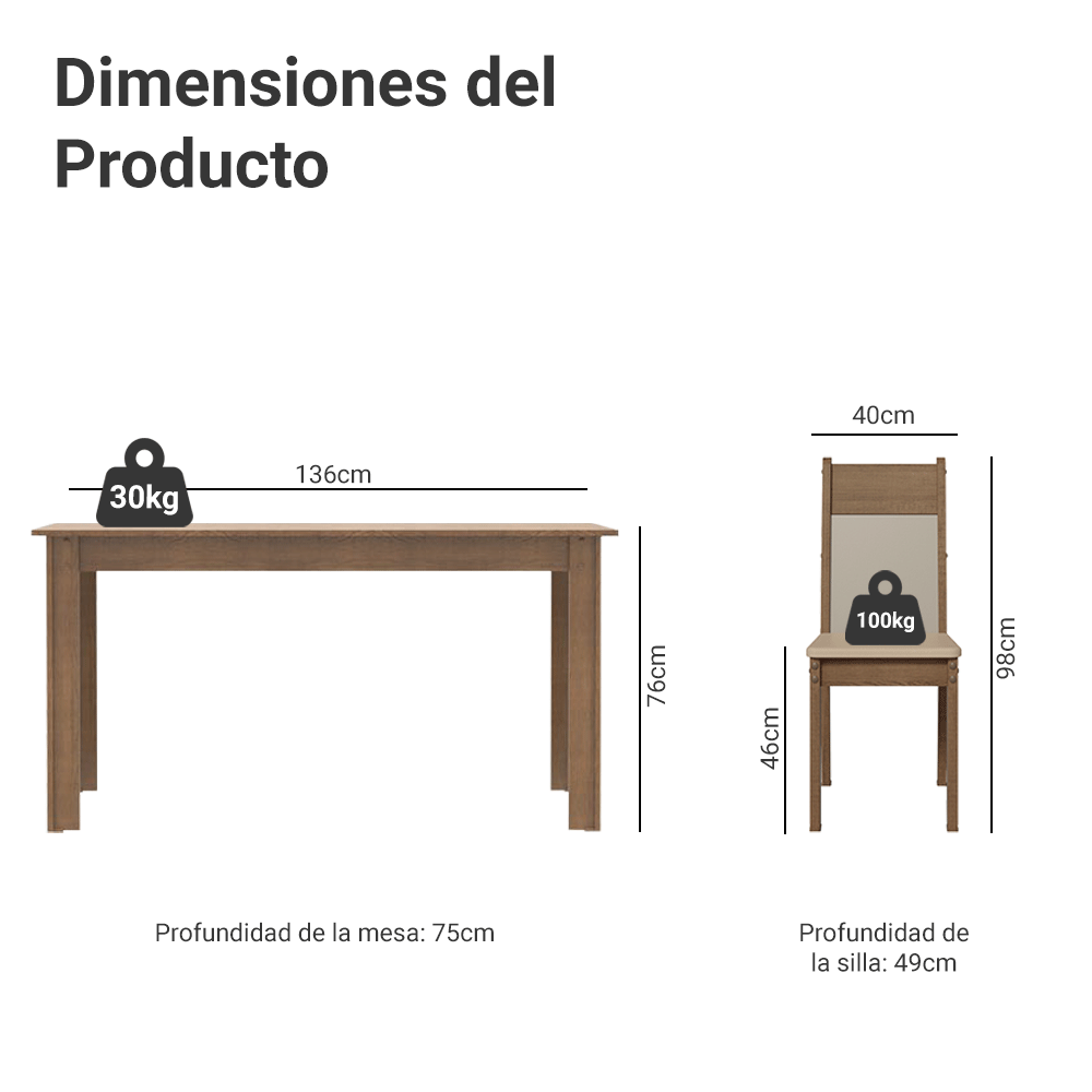 Juego de Comedor Madesa Jaíne Mesa de Madera + 6 Sillas Color Marrón/Crema Tapizadas en Tela Sintética Beige