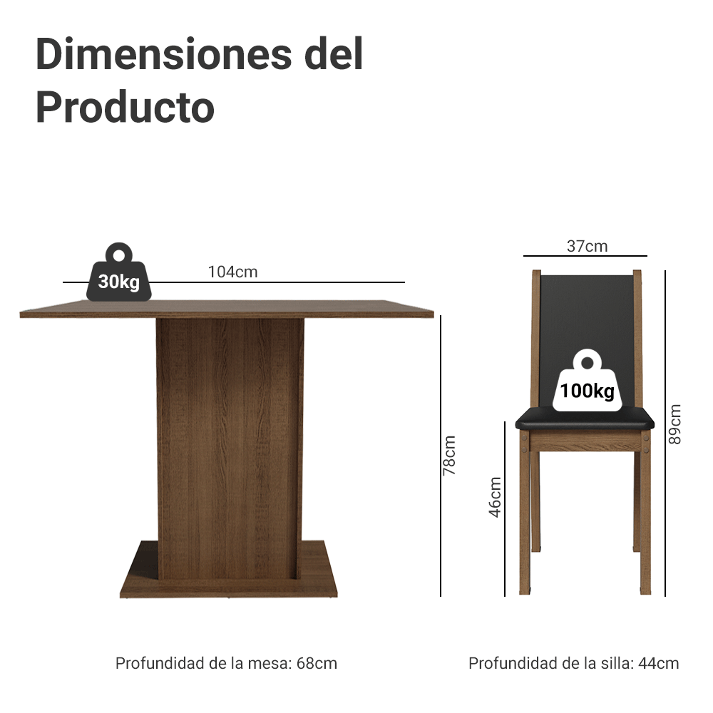 Juego de Comedor Madesa Mesa de Madera + 4 Sillas Color Marrón/Negro Tapizadas en Tela Sintética Negra Talita