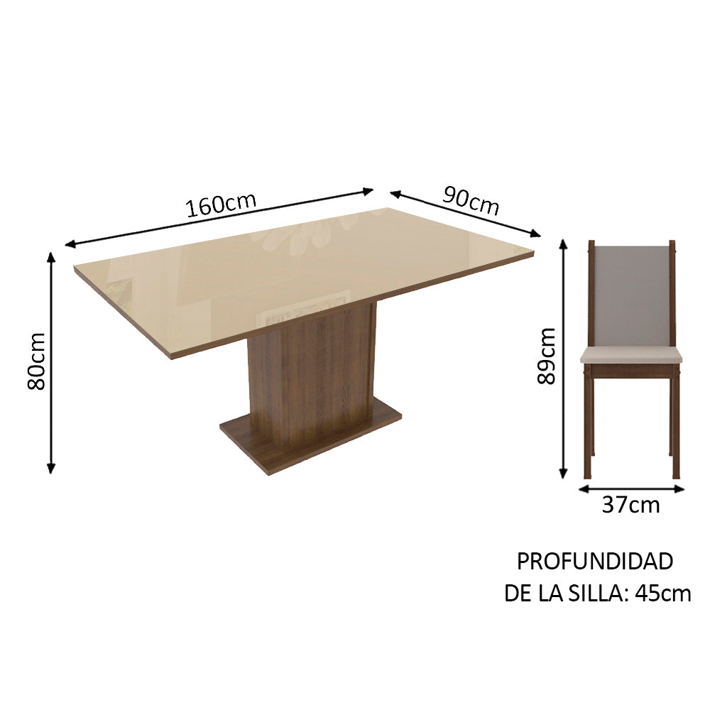 Comedor Moscú Plus Mesa Encimera de Vidrio con 6 Sillas Marrón/Crema/Sintético Beige