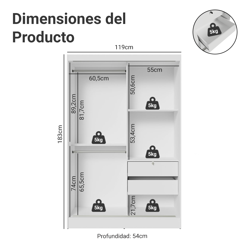 Clóset Soltero 2 Puertas Corredizas Luke
