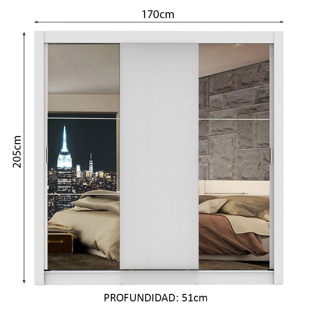 Clóset Matrimonial Lyon 3 Puertas Correderas con Espejos 2 Cajones Blanco