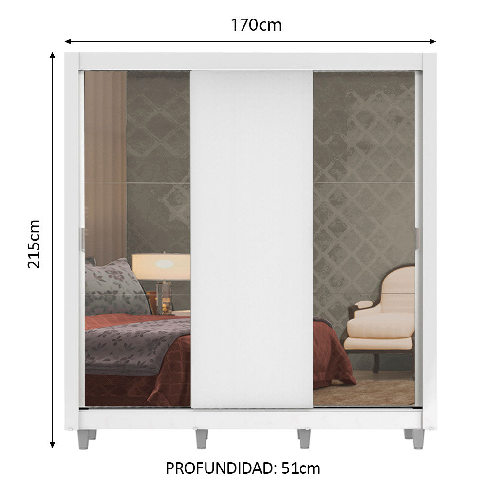 Clóset Matrimonial Lyon Plus 3 Puertas Correderas con Espejos 4 Cajones con Patas Blanco