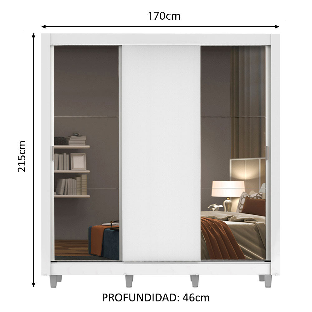 Clóset Matrimonial 3 Puertas Corredizas con Espejos con Patas Blanco Monaco