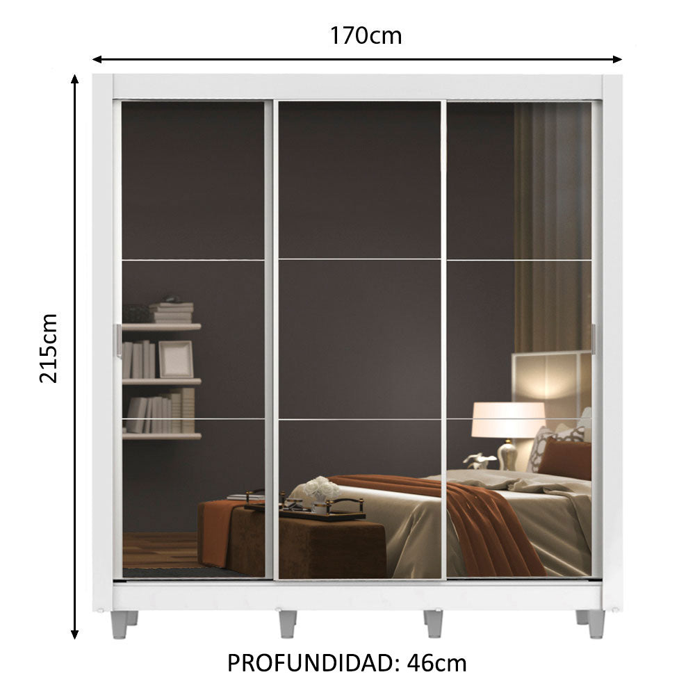 Clóset Matrimonial 3 Puertas Corredizas con Espejos con Patas Blanco Monaco