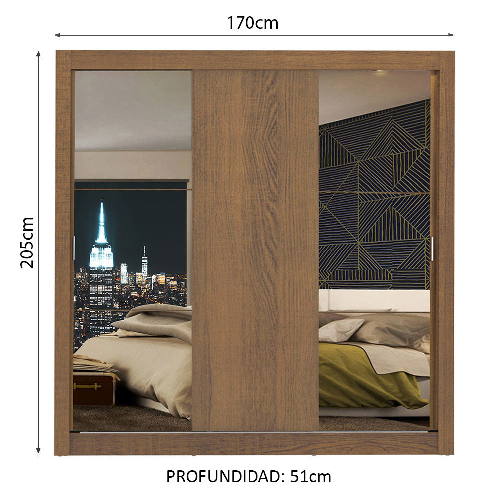 Clóset Matrimonial Lyon 3 Puertas Correderas con Espejos 2 Cajones Marrón