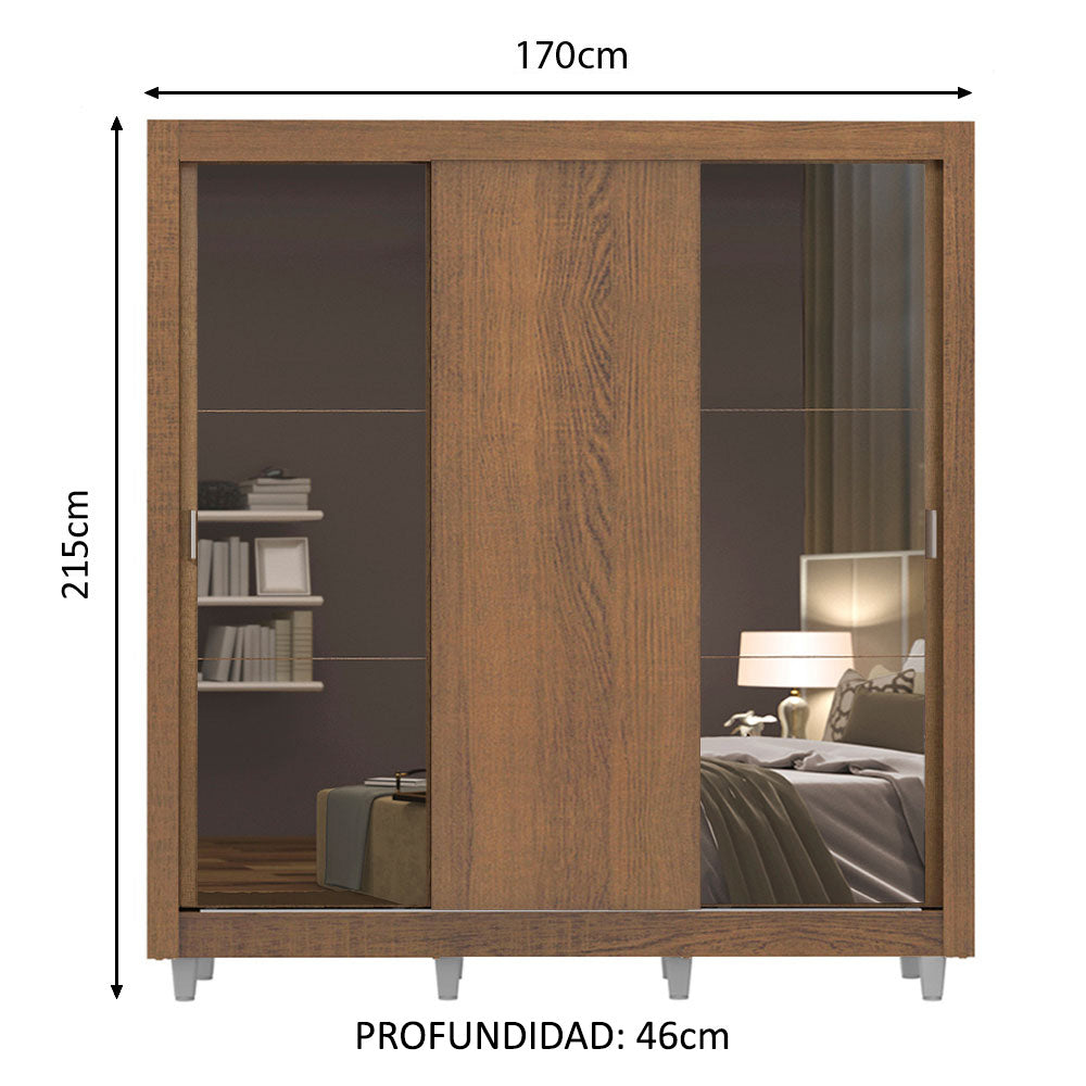 Clóset Matrimonial 3 Puertas Corredizas con Espejos con Patas Marrón Monaco