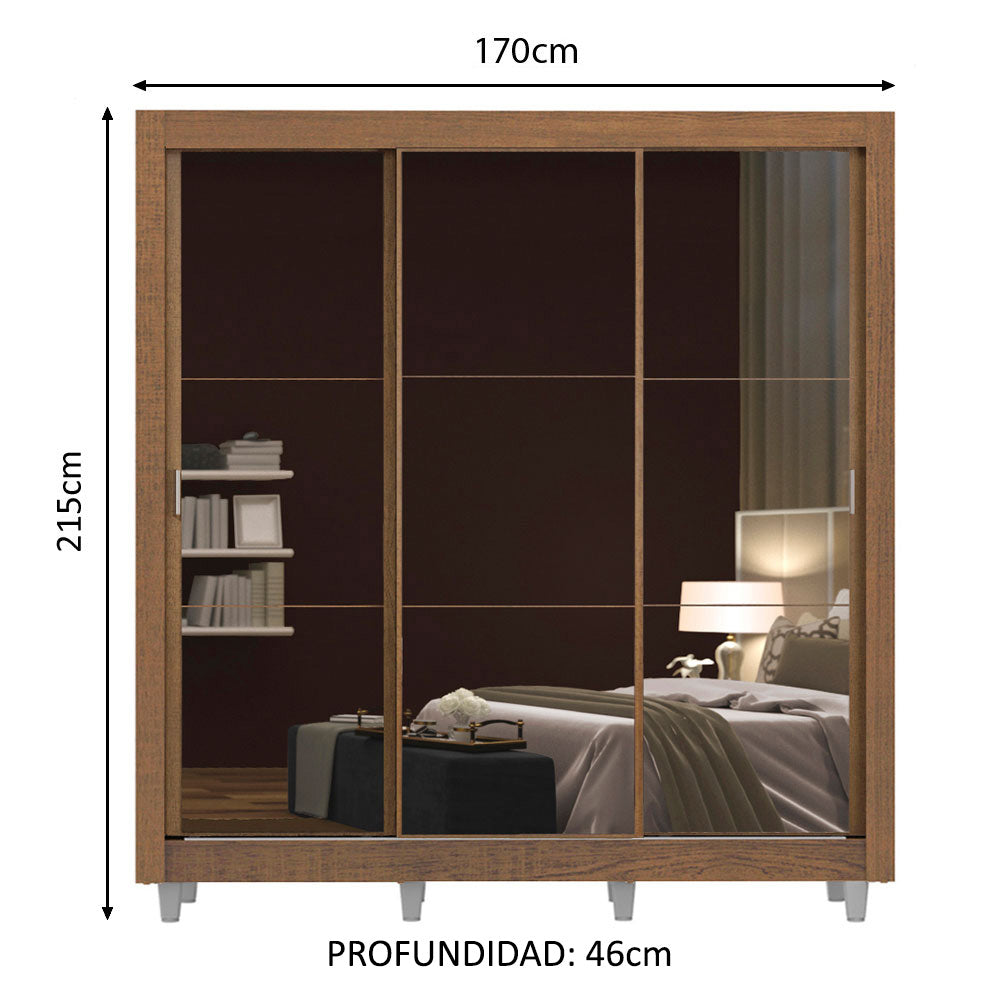 Clóset Matrimonial 3 Puertas Corredizas con Espejos con Patas Marrón Monaco