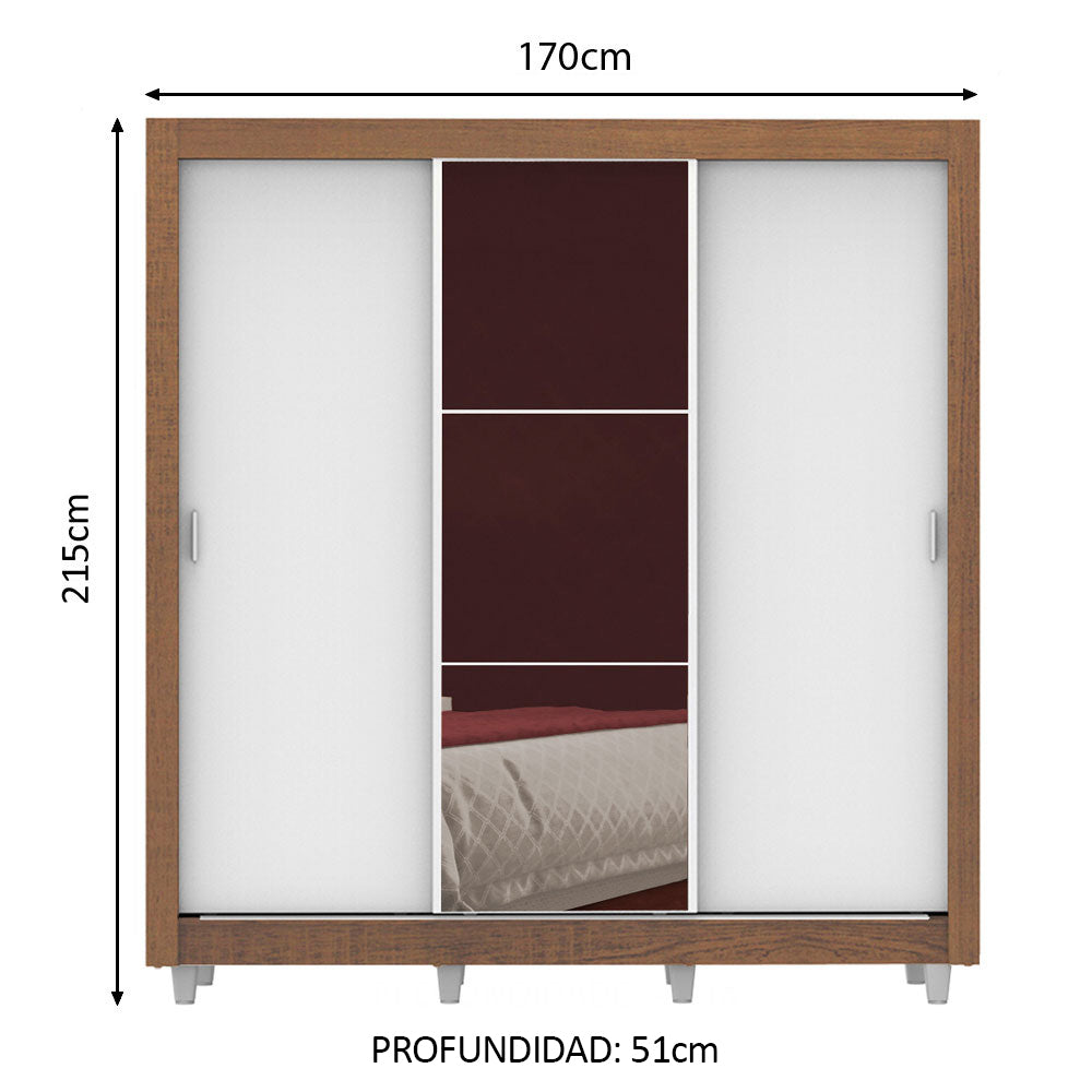 Clóset Matrimonial Lyon Plus 3 Puertas Correderas con Espejo 4 Cajones con Patas Marrón/Blanco