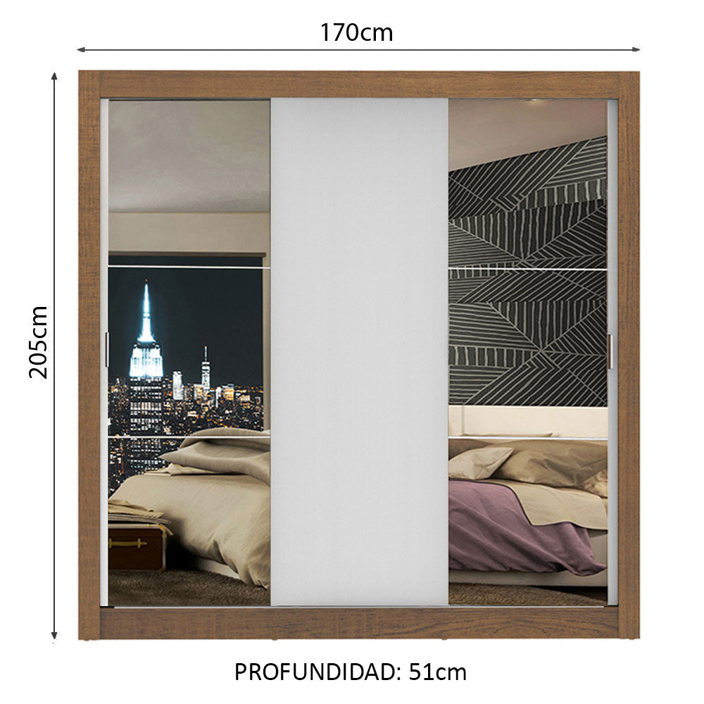 Clóset Matrimonial Lyon 3 Puertas Correderas con Espejos 2 Cajones Marrón/Blanco