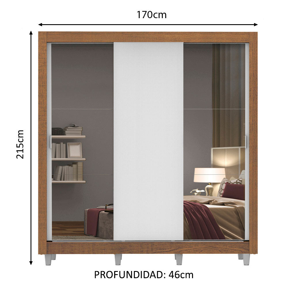Clóset Matrimonial 3 Puertas Corredizas con Espejos con Patas Marrón/Blanco Monaco