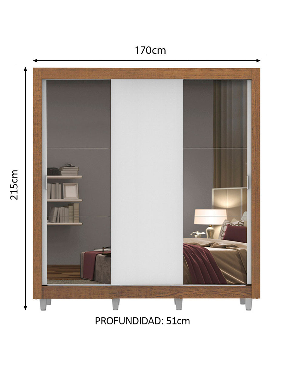 Clóset Matrimonial 3 Puertas Corredizas con Espejos con Patas Marrón/Blanco Monaco