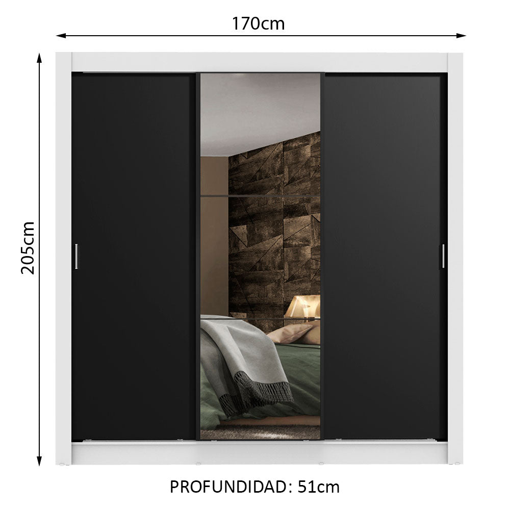 Clóset Matrimonial Lyon Plus 3 Puertas Correderas con Espejos 4 Cajones Blanco/Negro