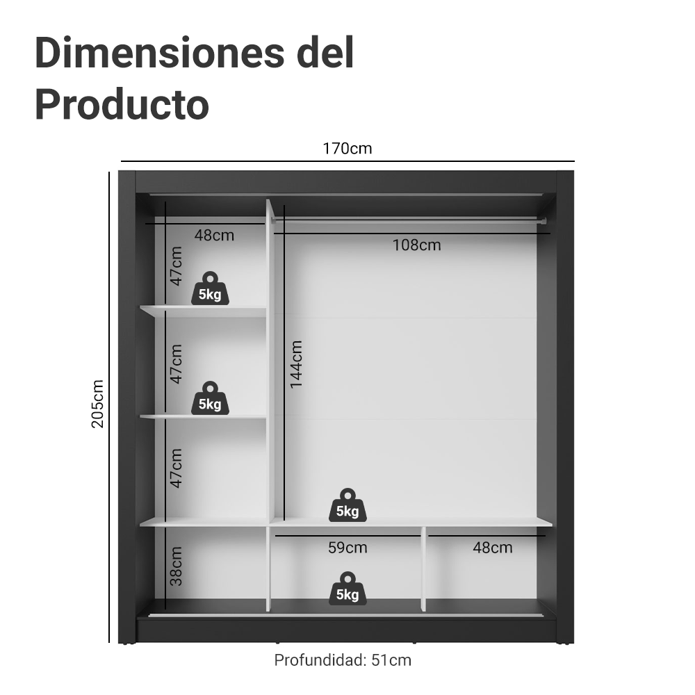 Clóset Matrimonial Monaco 3 Puertas Corredizas Negro/Blanco