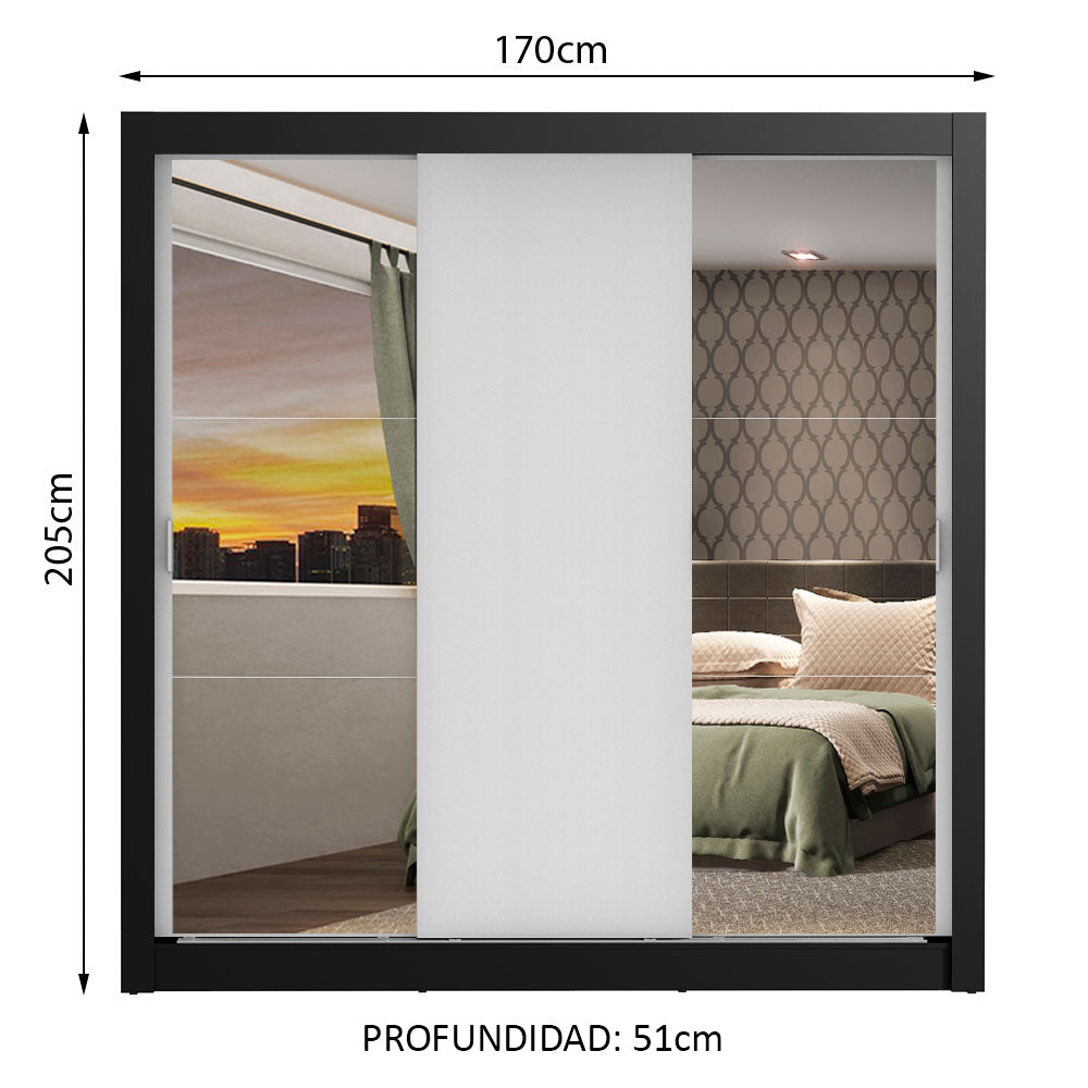 Clóset Matrimonial Lyon 3 Puertas Correderas con Espejos 2 Cajones Negro/Blanco