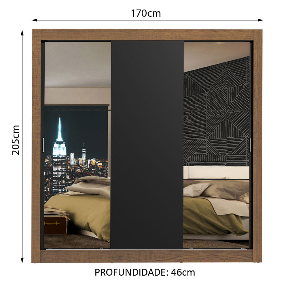 Clóset Matrimonial Monaco 3 Puertas Corredizas 2 con Espejos Marrón/Negro