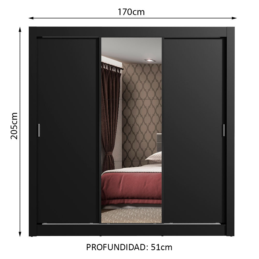 Clóset Matrimonial Lyon Plus 3 Puertas Correderas con Espejos 4 Cajones Negro