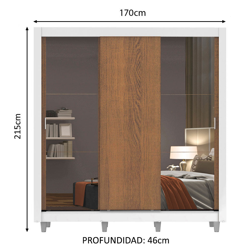 Clóset Matrimonial 3 Puertas Corredizas con Espejos con Patas Blanco/Marrón Monaco