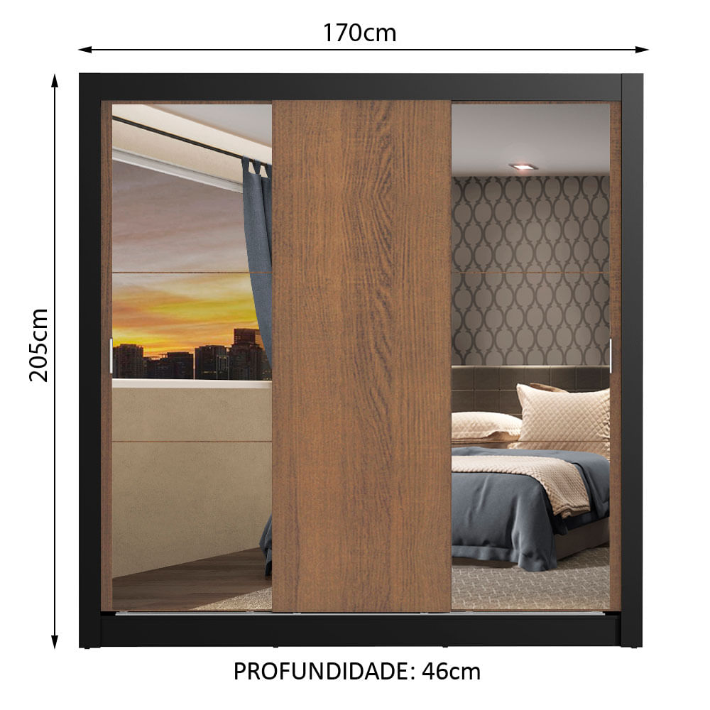 Clóset Matrimonial Monaco 3 Puertas Corredizas 2 con Espejos Negro/Marrón