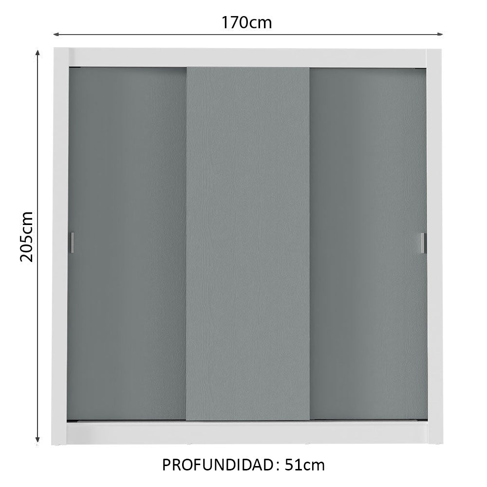 Clóset Matrimonial 3 Puertas Corredizas Blanco/Gris Monaco