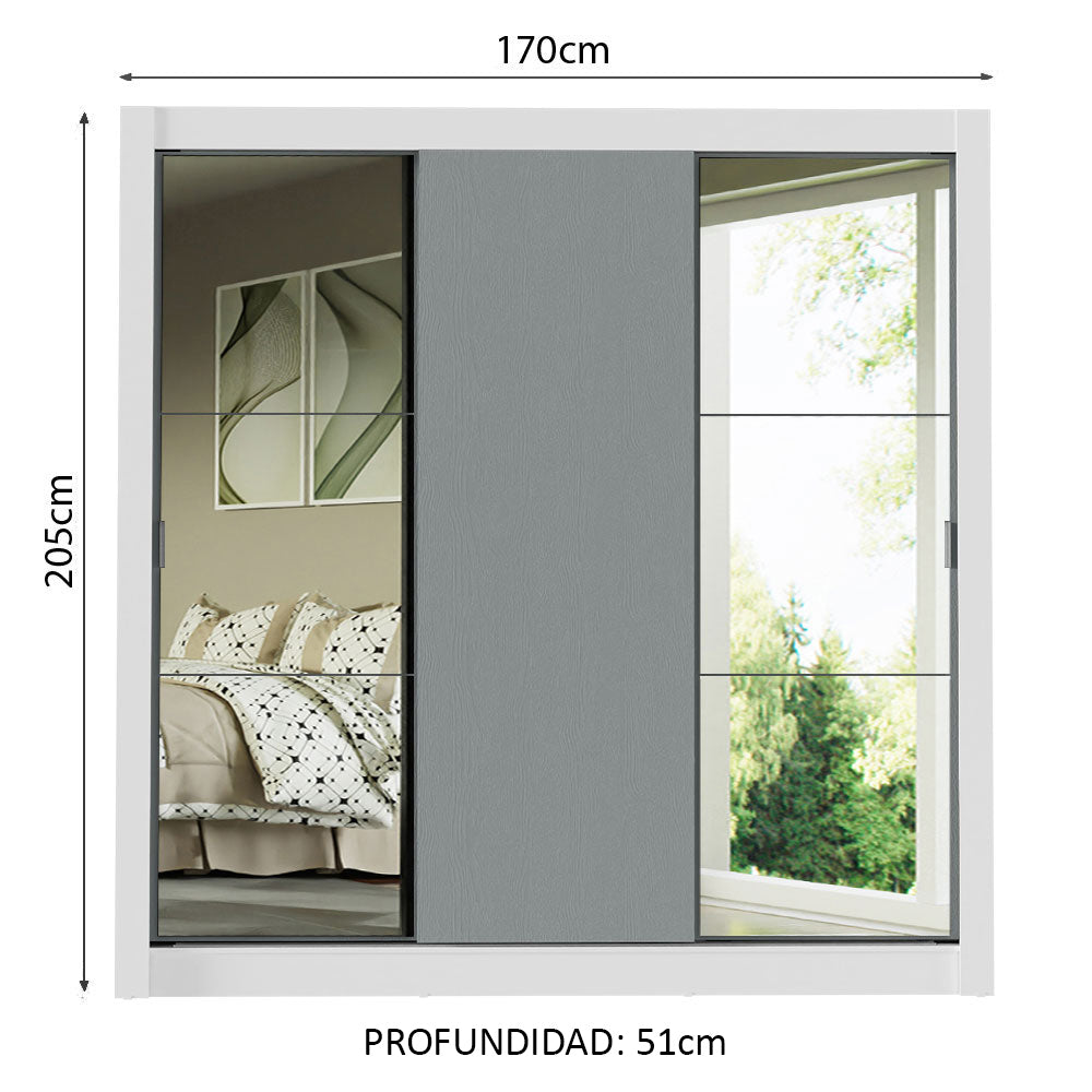 Clóset Matrimonial 3 Puertas Corredizas con Espejo Blanco/Gris Monaco