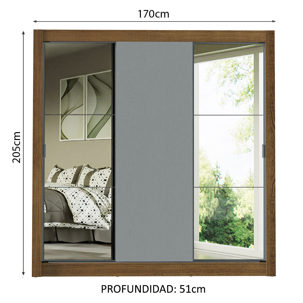 Clóset Matrimonial 3 Puertas Corredizas con Espejos Marrón/Gris Monaco