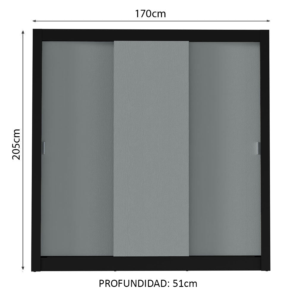 Clóset Matrimonial 3 Puertas Corredizas Negro/Gris Monaco