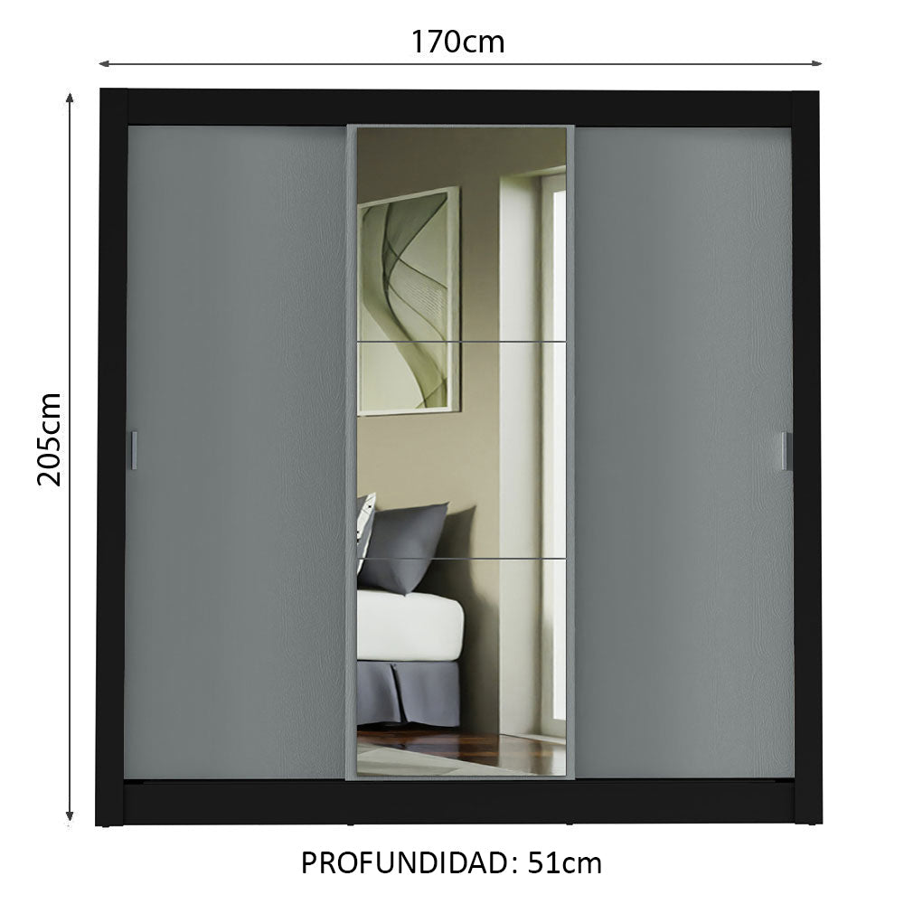 Clóset Matrimonial 3 Puertas Corredizas con Espejo Negro/Gris Monaco