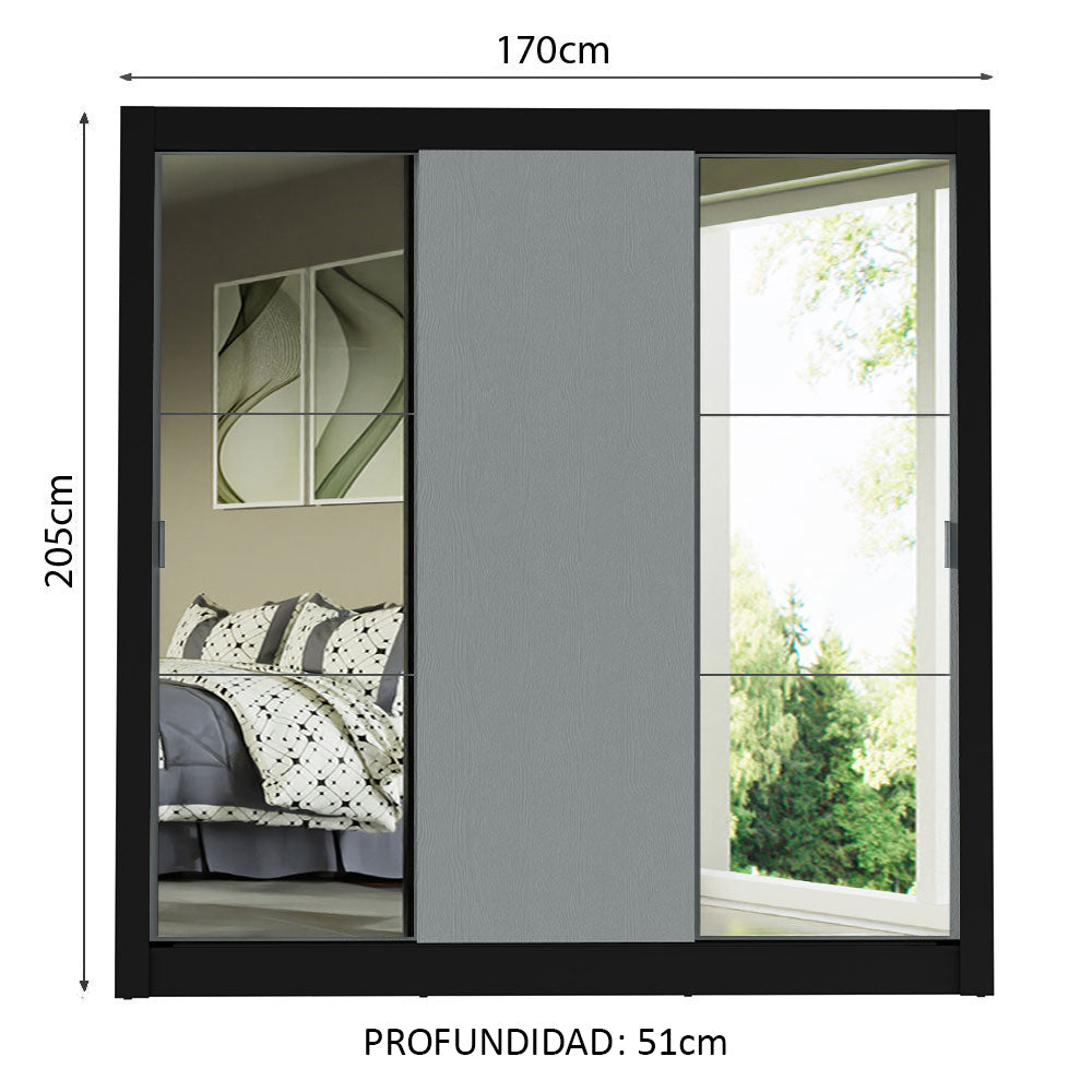 Clóset Matrimonial 3 Puertas Corredizas con Espejos Negro/Gris Monaco