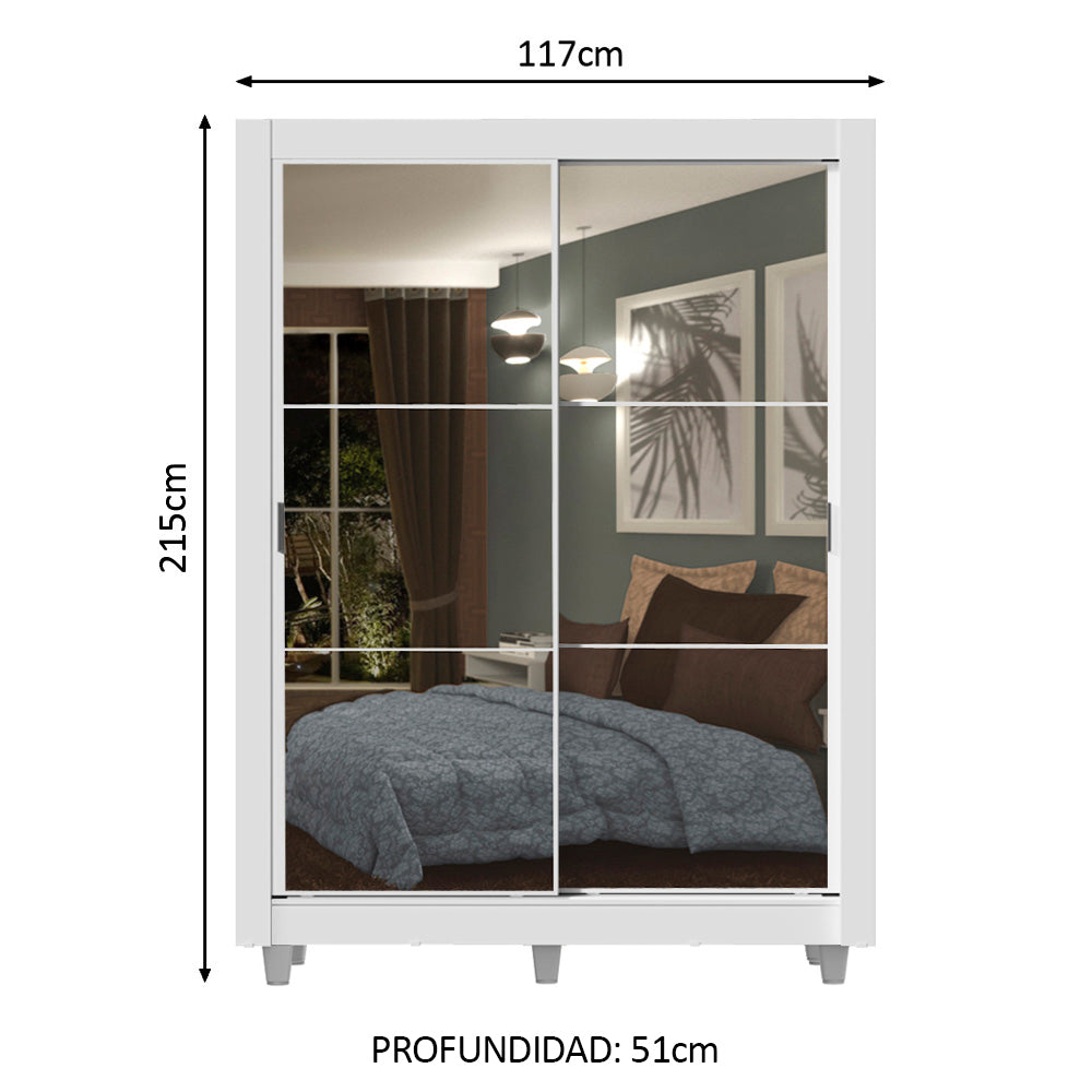 Clóset Soltero Dallas 2 Puertas Correderas con Espejo 2 Cajones con Patas Blanco