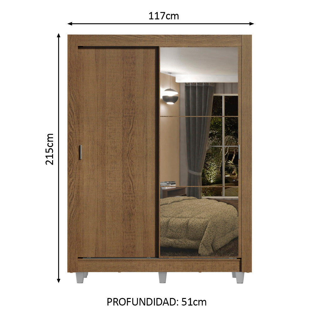 Clóset Soltero 2 Puertas Corredizas con Espejo 4 Cajones con Pies Marrón Dallas Plus