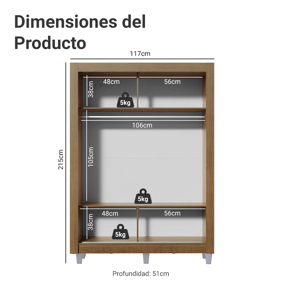 Clóset Soltero Denver 2 Puertas Corredizas Espejo con Patas Marrón