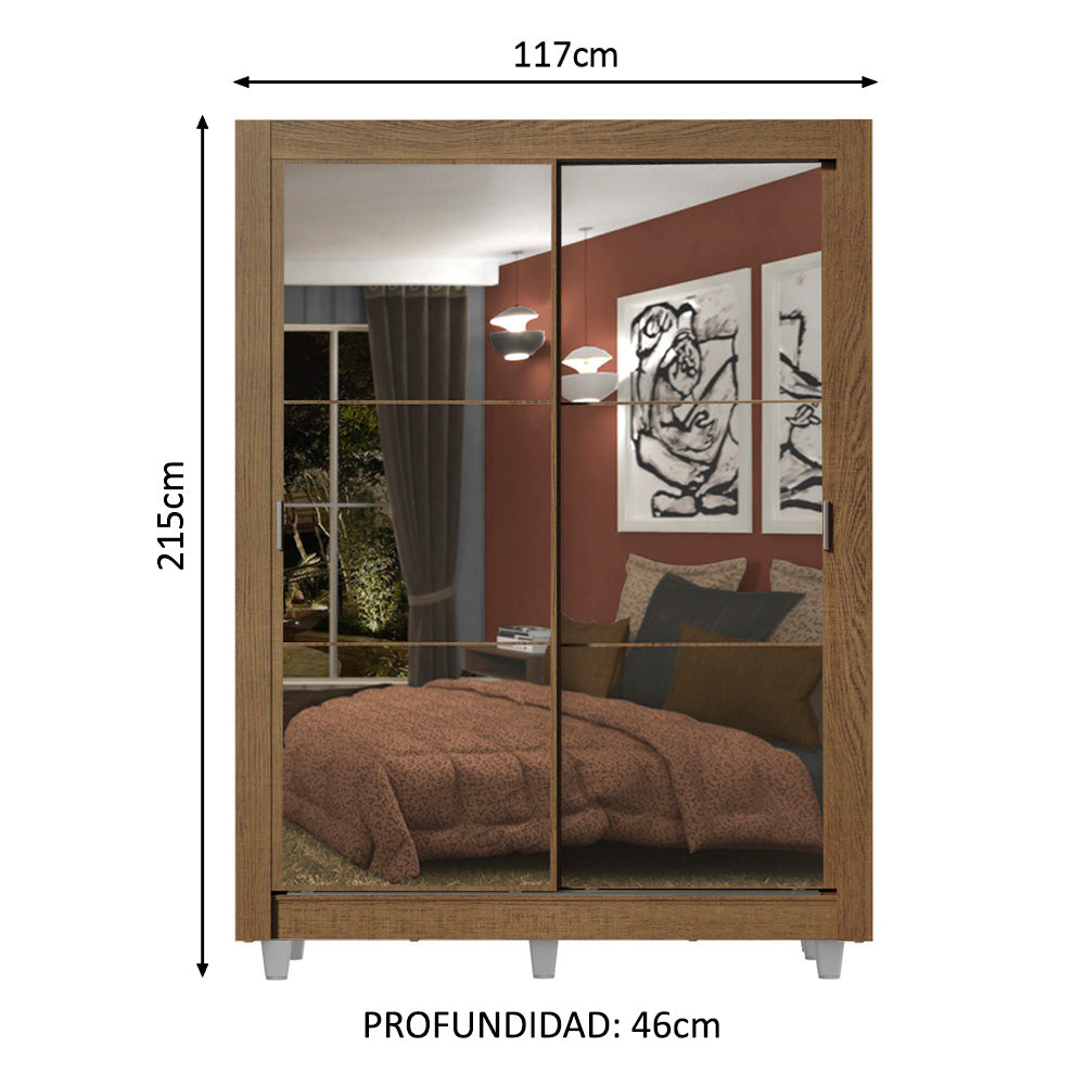 Clóset Soltero 2 Puertas Corredizas con Espejos 2 Cajones con Patas Marrón Dallas