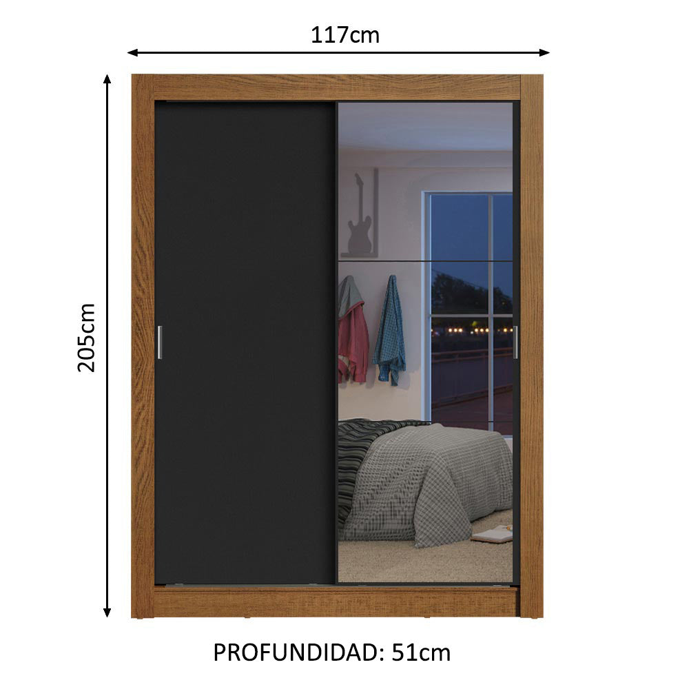 Clóset Soltero 2 Puertas Corredizas con Espejo 2 Cajones Marrón/Negro Dallas