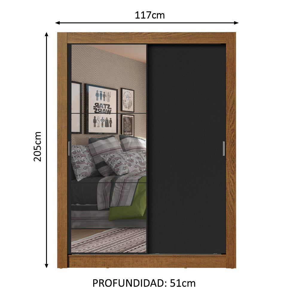 Clóset Soltero 2 Puertas Corredizas con Espejo 4 Cajones Marrón/Negro Dallas Plus