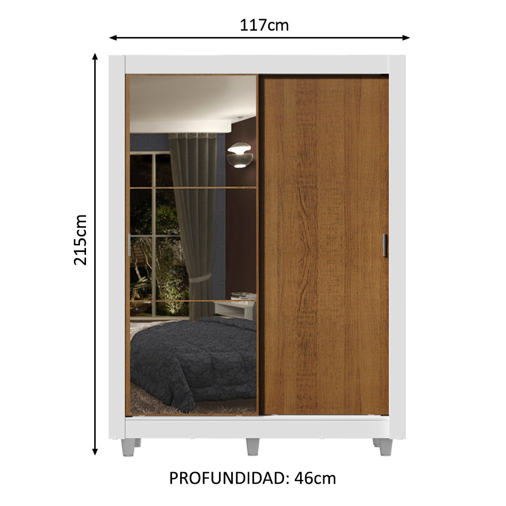 Clóset Soltero 2 Puertas Corredizas Espejo 2 Cajones con Patas Blanco/Marrón Dallas