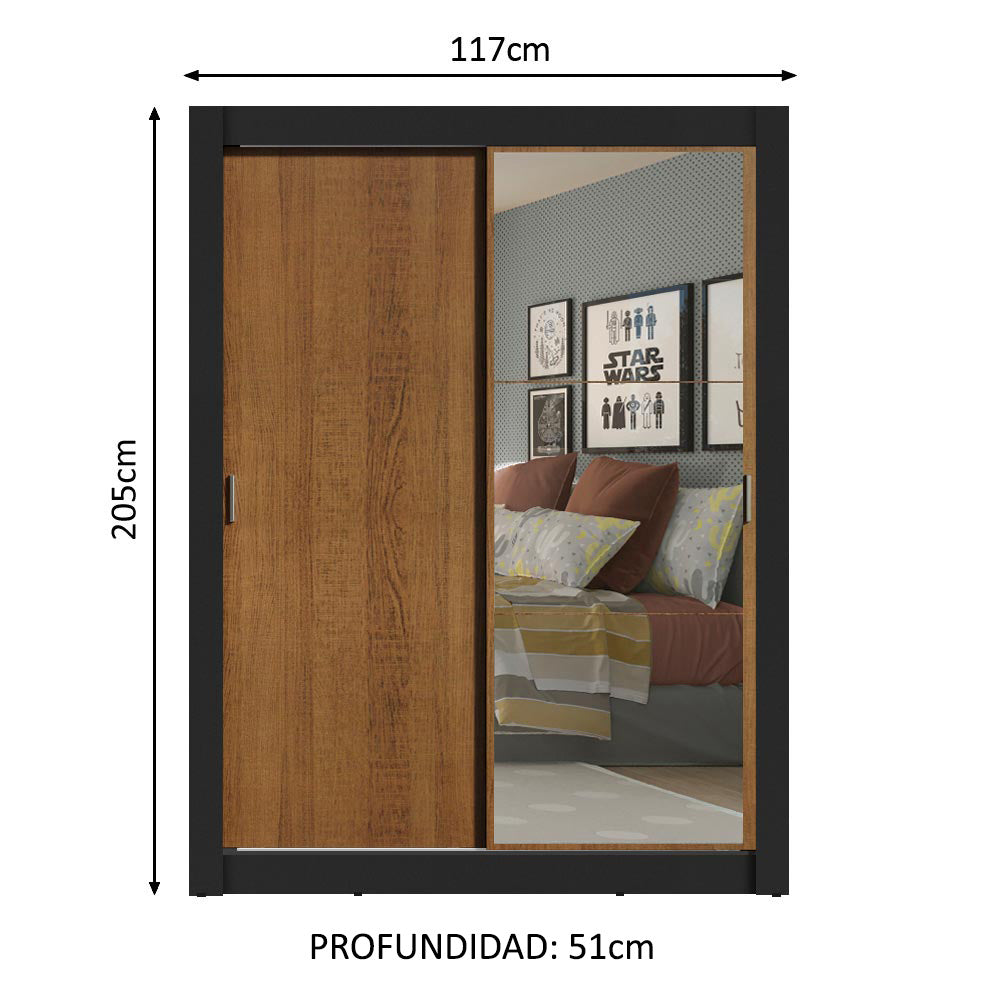 Clóset Soltero 2 Puertas Corredizas con Espejo Negro/Marrón Denver
