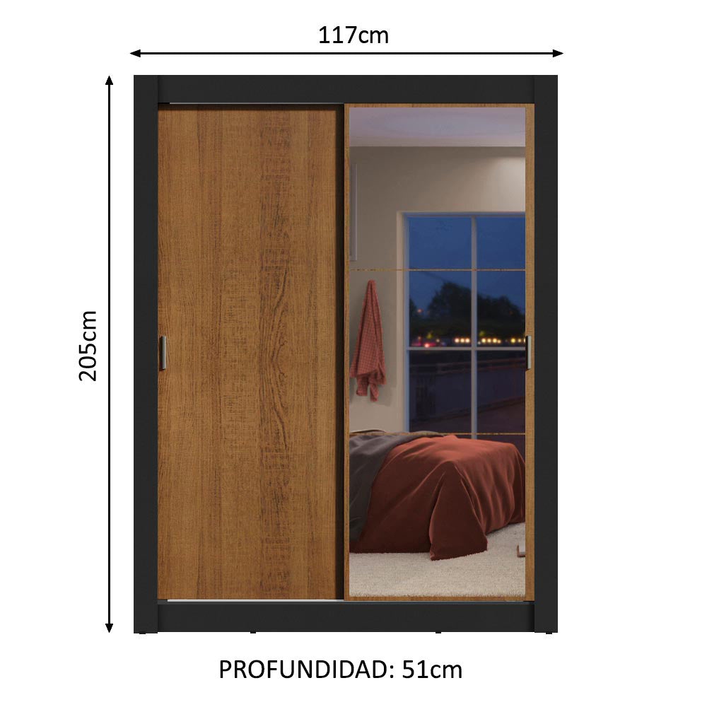 Clóset Soltero 2 Puertas Corredizas con Espejo 2 Cajones Negro/Marrón Dallas