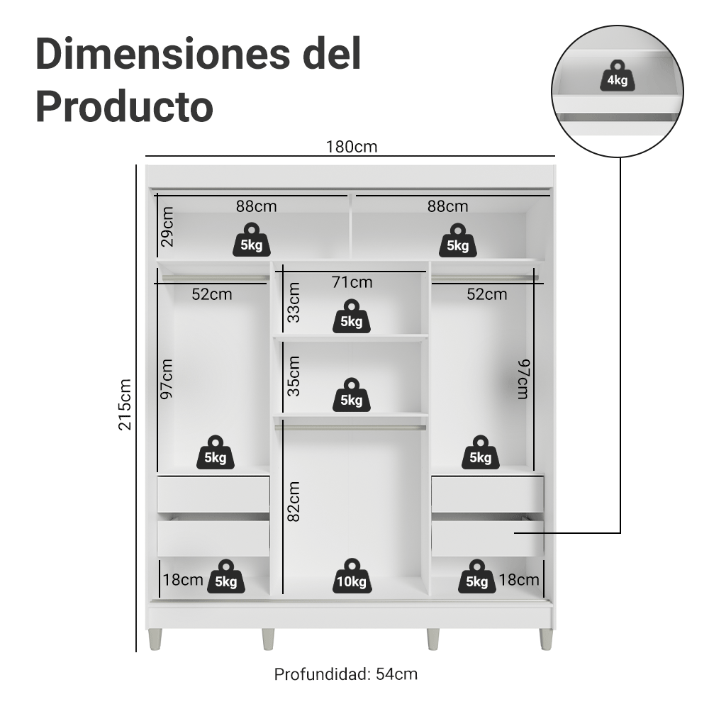 Clóset Matrimonial con Patas 3 Puertas Corredizas Blanco/Marrón Reno Madesa