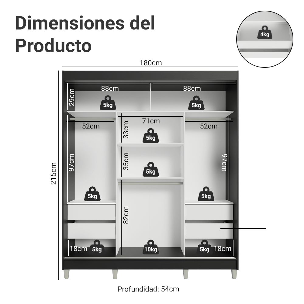 Clóset Matrimonial con Patas 3 Puertas Corredizas con Espejos Negro/Marrón Reno Madesa