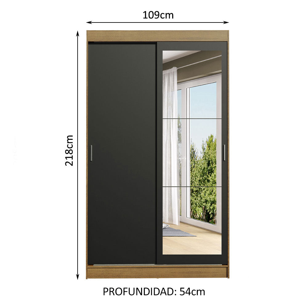 Clóset Soltero Tokio 2 Puertas Correderas con Espejo 2 Cajones Marrón/Negro