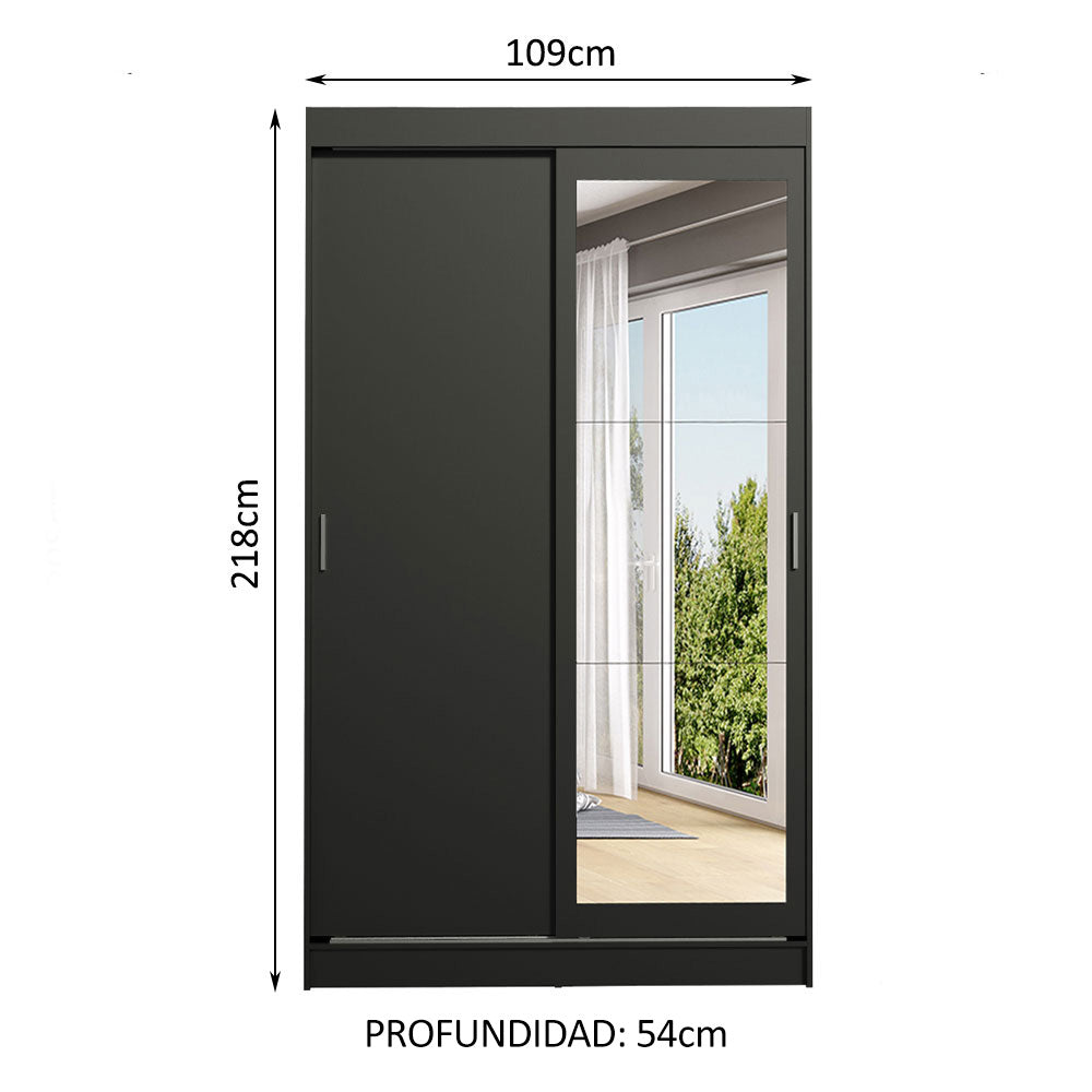 Clóset Soltero Tokio 2 Puertas Correderas con Espejo 2 Cajones Negro