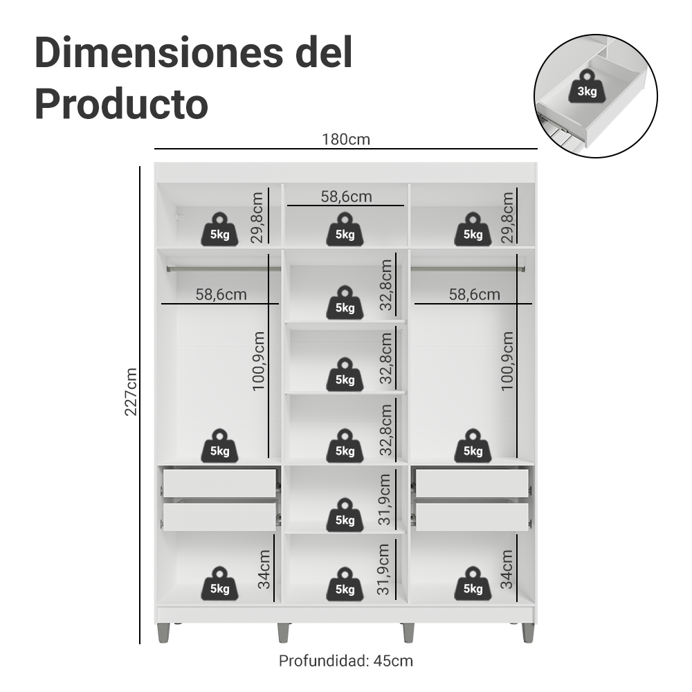Clóset Matrimonial Venus 180 cm Sin Puertas Con Patas 4 Cajones Blanco