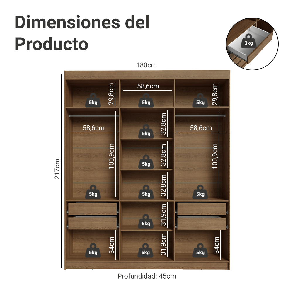 Clóset Matrimonial Venus 180 cm Sin Puertas 4 Cajones Marrón