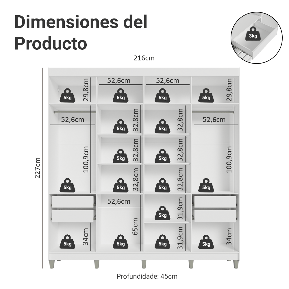 Clóset Matrimonial Venus 216 cm Sin Puertas con Patas 4 Cajones Blanco