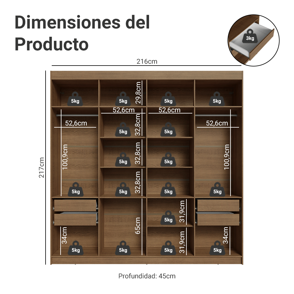 Clóset Matrimonial Venus 216 cm Sin Puertas 4 Cajones Marrón