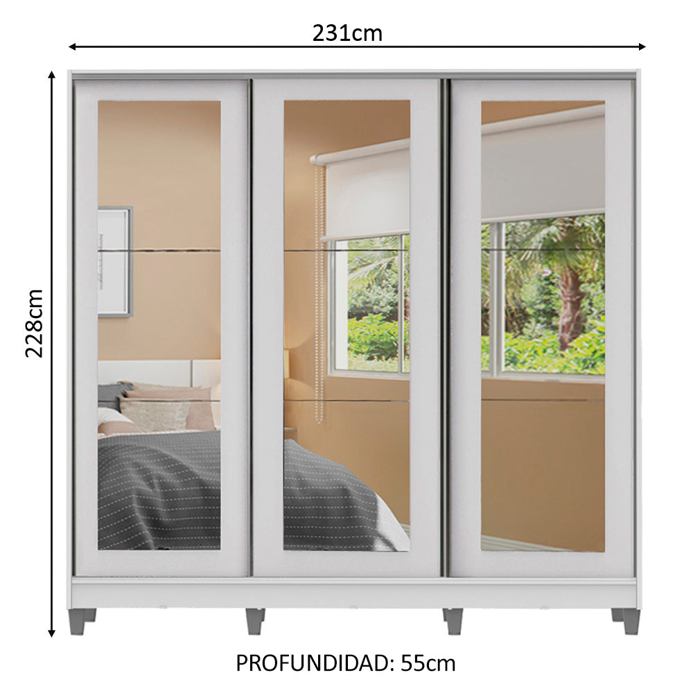 Clóset Matrimonial 100% MDF 3 Puertas Corredizas con Espejos Blanco con Patas Eros
