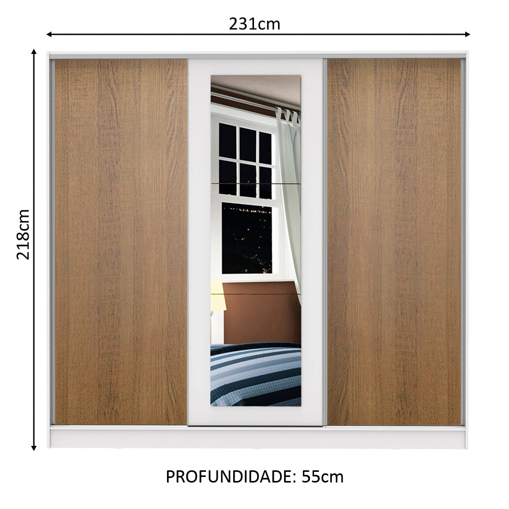 Clóset Matrimonial 100% MDF Eros 3 Puertas Correderas con Espejo Blanco/Marrón/Blanco