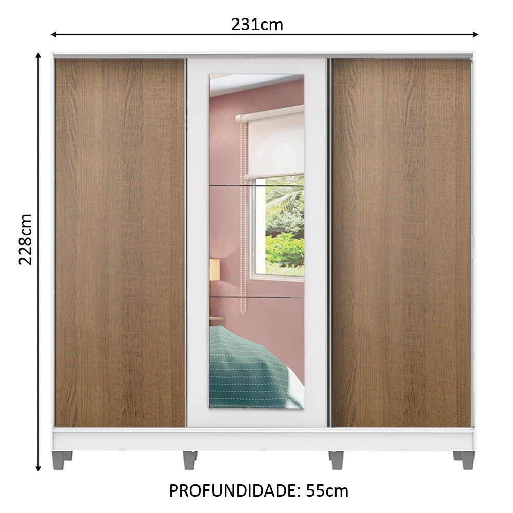 Clóset Matrimonial 100% MDF Eros 3 Puertas Correderas con Espejo con Patas Blanco/Marrón/Blanco